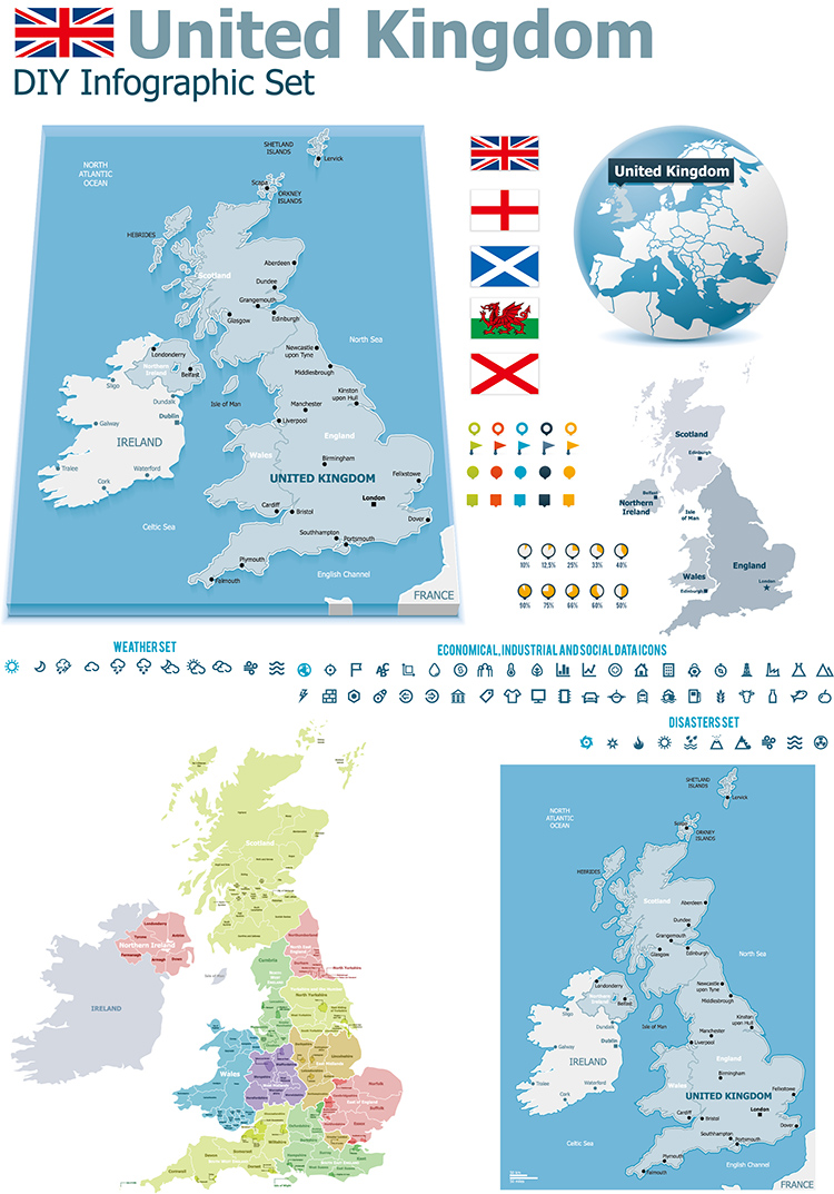 英国地图AI矢量素材 英文版国家分区地图 非实物地图 设计素材