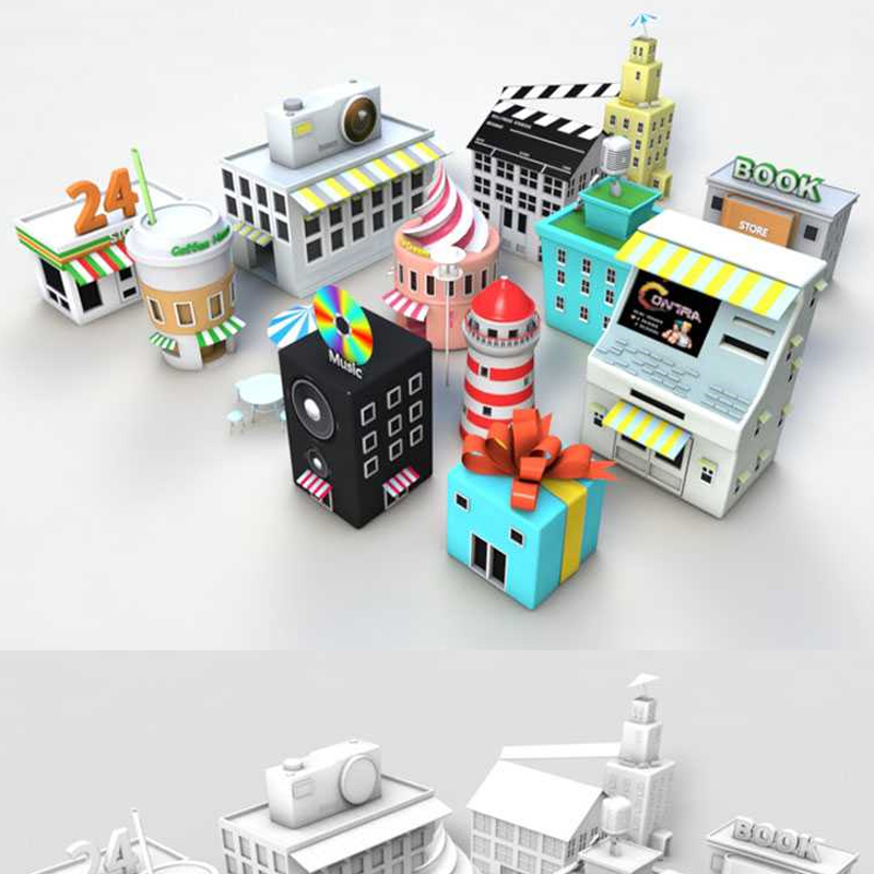 C4D低面卡通创意房屋房子楼房带贴图设计参考3D三维模型素材A1019