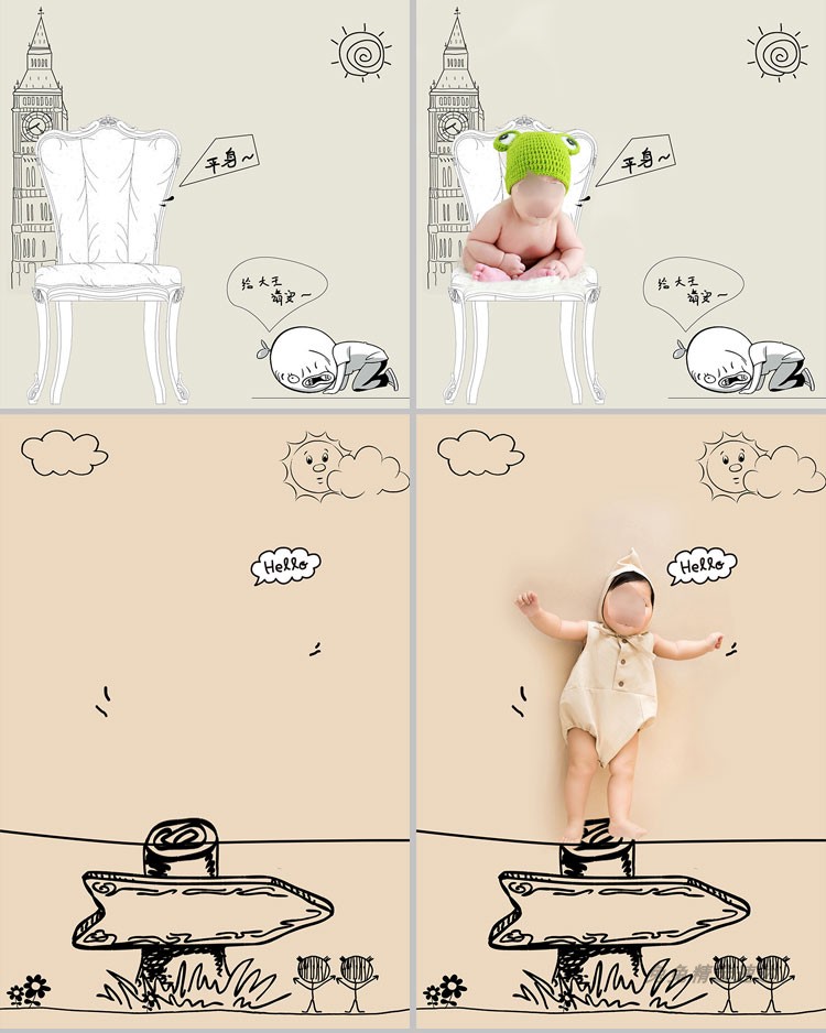 影楼新创意儿童宝宝婴儿照片PSD手绘插画线条设计素材ps模板