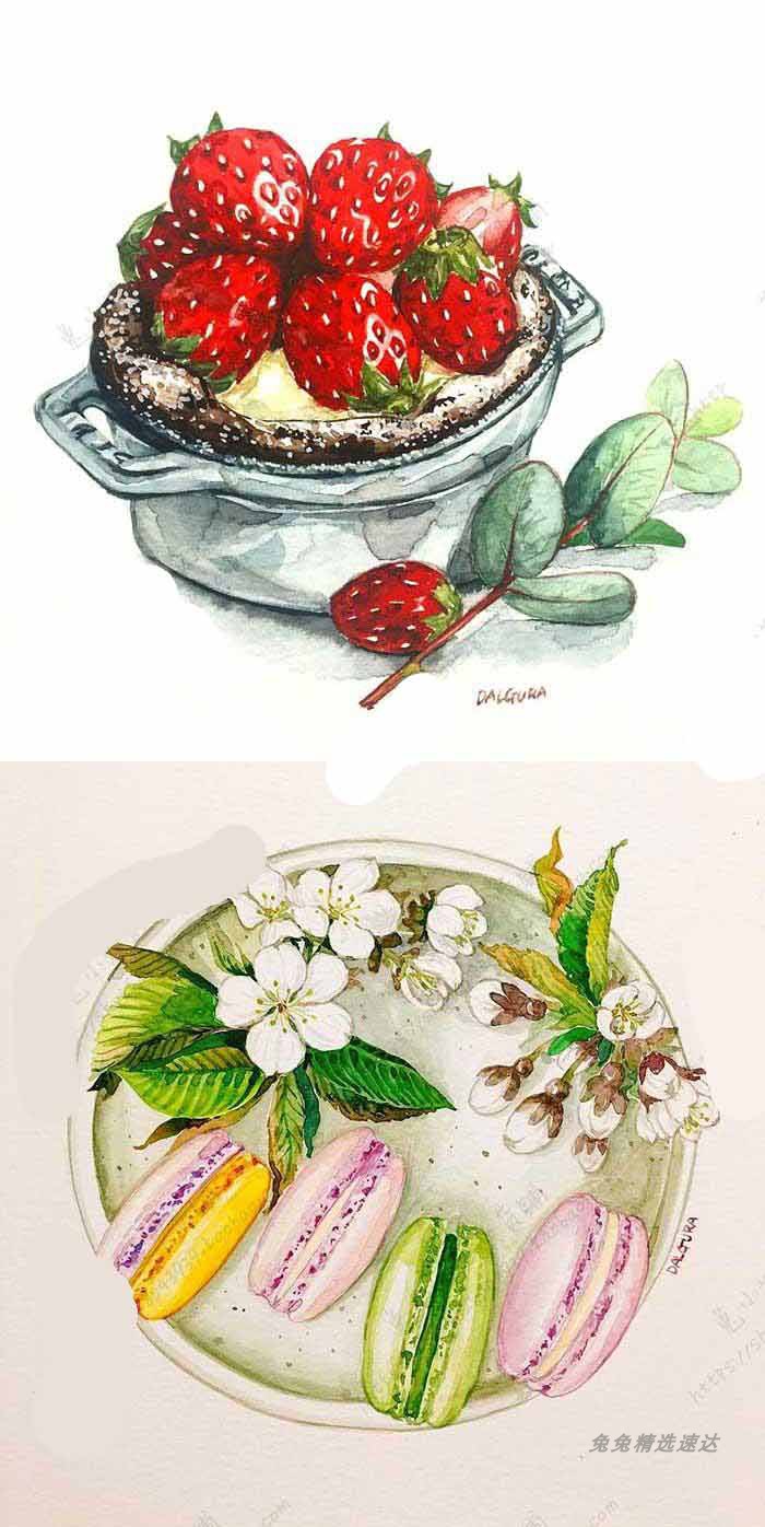 插画师Dalgura手绘水彩美食食物饮品甜点寿司绘画临摹素材图片