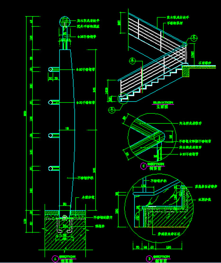 16款时尚楼梯/玻璃栏杆CAD施工图纸 旋转楼梯节点大样详图素材 第24张