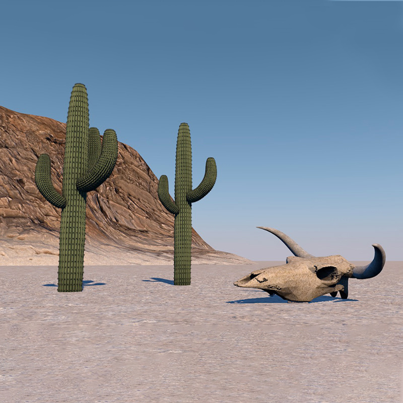 仙人掌与牛头骨C4D模型沙漠创意场景3D模型素材 MX440
