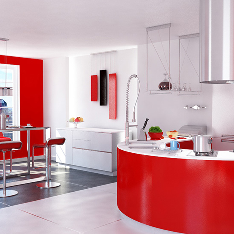 C4D室内模型红色时尚餐厅客厅厨房装修模型场景材质贴图MX1049
