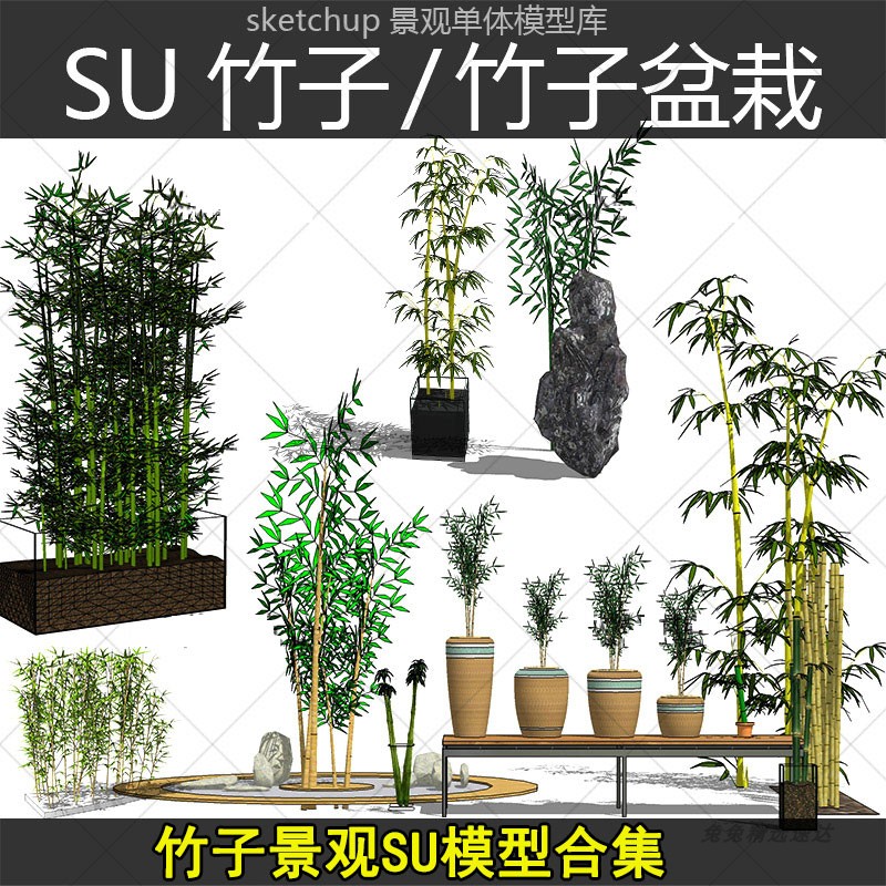 中式日式枯山水庭院植物竹子盆栽小品sketchup景观SU模型