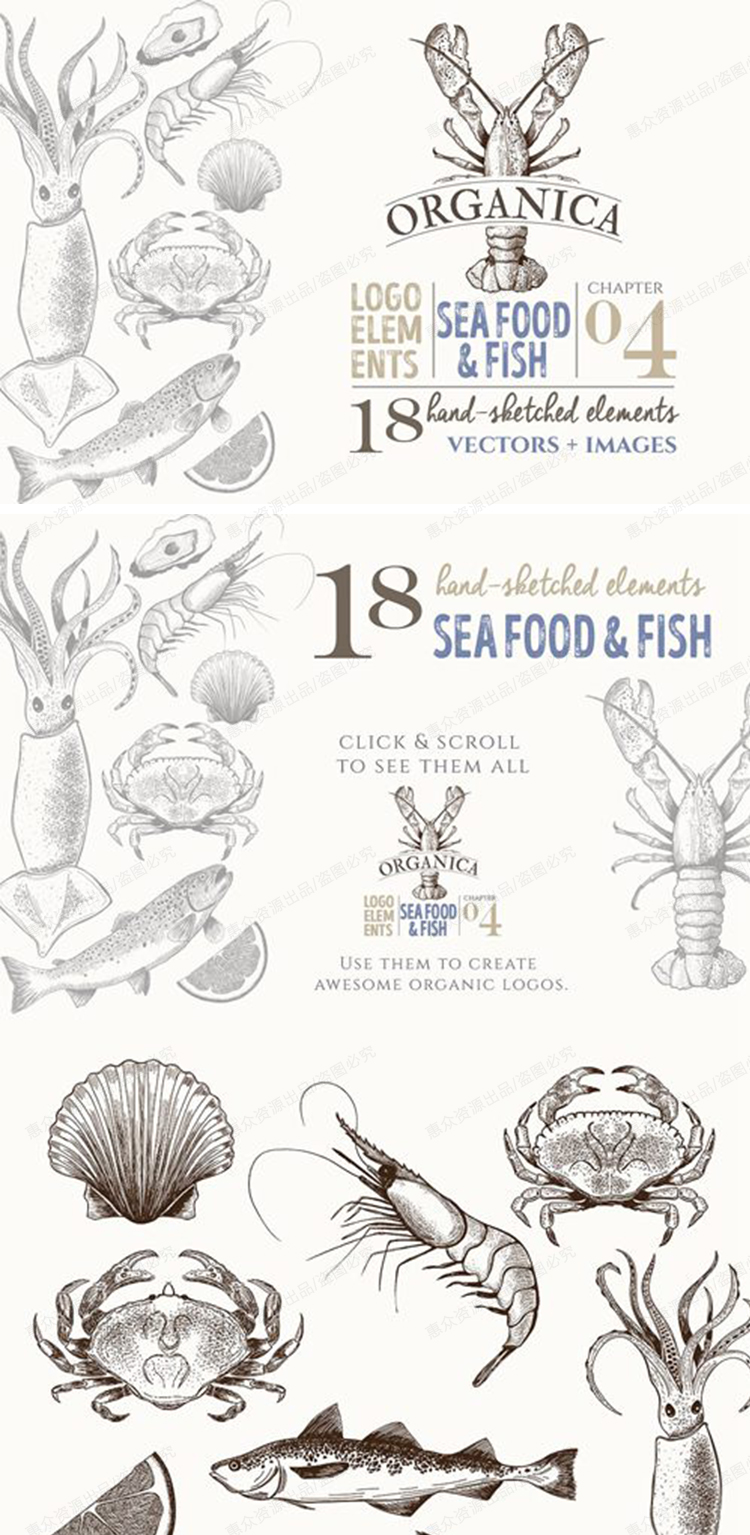 手绘素描海鲜鱼类铅笔画平面VI包装图案logo菜单设计印刷矢量素材 第5张