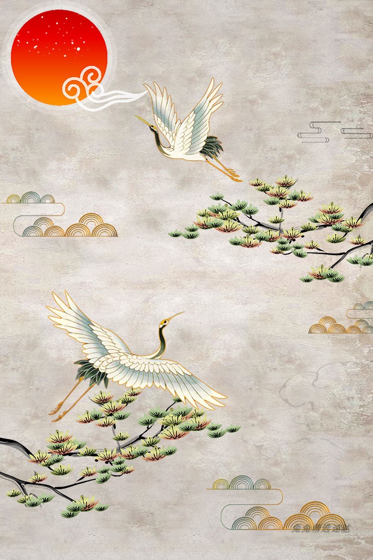 古典雅新中式中国风仙鹤祥云金鱼图案古风PSD设计素材模板背景 第6张