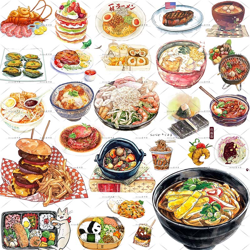 卡通食物手绘日式韩式料理美食寿司饭团贴纸插画PNG免扣设计素材