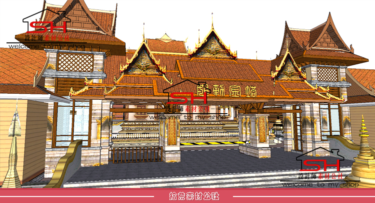 东南亚泰式傣族风格旅游景区传统寺院寺庙庙宇建筑规划设计SU模型 第1张