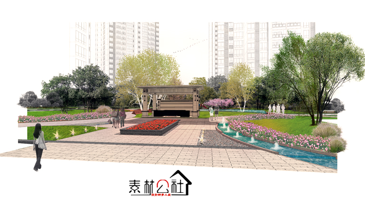 ArtDeco风格高层住宅小区主入口中庭节点景观设计SU模型PSD效果图 第26张