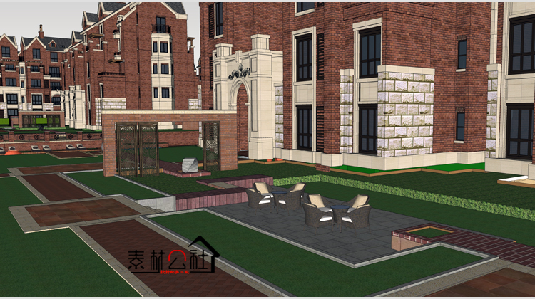 sketchup英式风格住宅居住小区中庭主入口绿化轴线景观设计SU模型 第33张