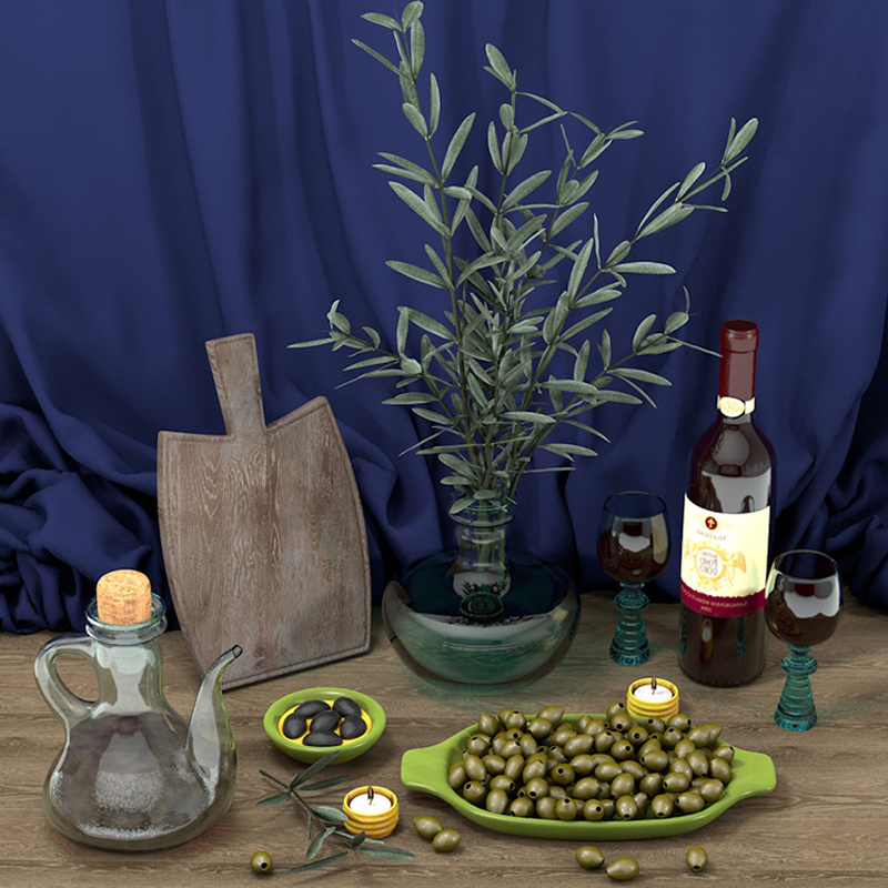 餐桌食品拍摄布景装饰静物C4D模型创意场景3D玻璃酒瓶壶素材A1058