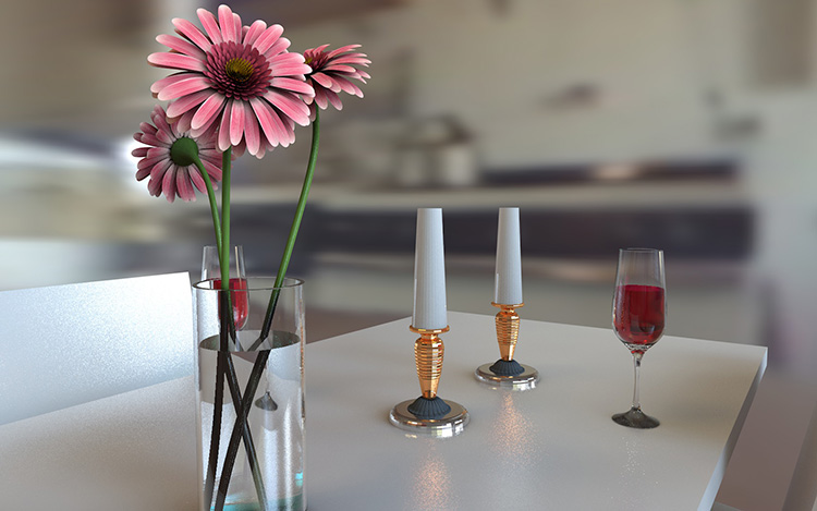 室内一角之桌面C4D模型盆花蜡烛红酒杯创意场景3D模型素材A590 第1张