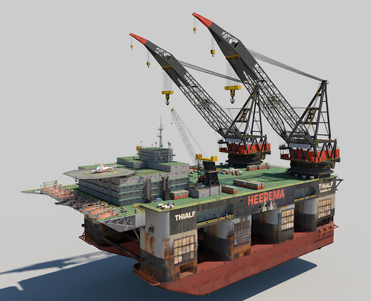海上石油钻机双吊船C4D模型电影游戏道具创意场景3D模型素材A1064 第1张