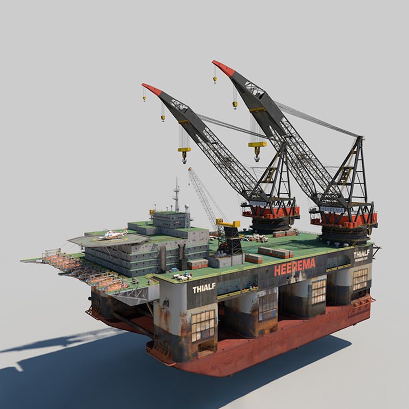 海上石油钻机双吊船C4D模型电影游戏道具创意场景3D模型素材A1064